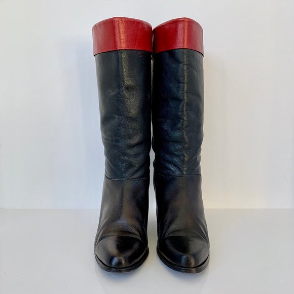 Vintage Custom-made black leather w/red cuffs below the knee high heeled boots - Picture 3 of 9